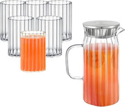 Karaf in vetro da 1 litro - set di 6 caraffe in vetro - coperchio in acciaio inossidabile - vetro ondulato - per acqua, succo, tè freddo, latte - caraffa per acqua