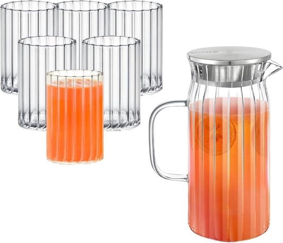 Karaf in vetro da 1 litro - set di 6 caraffe in vetro - coperchio in acciaio inossidabile - vetro ondulato - per acqua, succo, tè freddo, latte - caraffa per acqua