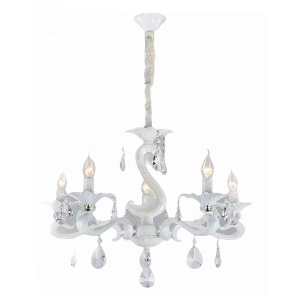 Trade Shop - Lampadario Classico Attacco E14 5 Bracci Con Pendenti In Acrilico Lampada A15-5 - Bianco
