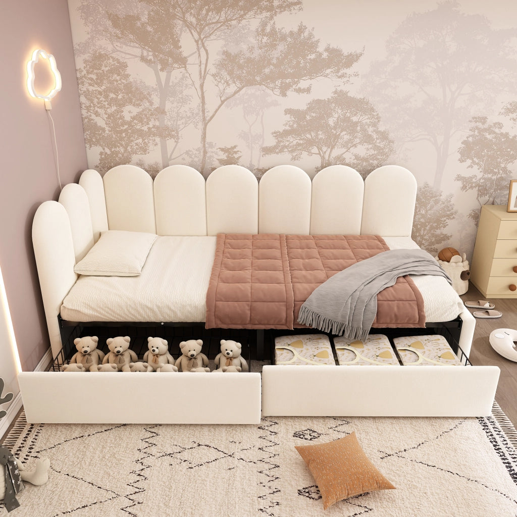 DESMIU Letto singolo 90 × 200 cm con 2 cassetti, senza materasso, in velluto, beige