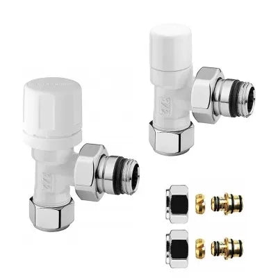 Kit valvola termostatica e detentore raccordi multistrato 16x2 in acciaio bianco