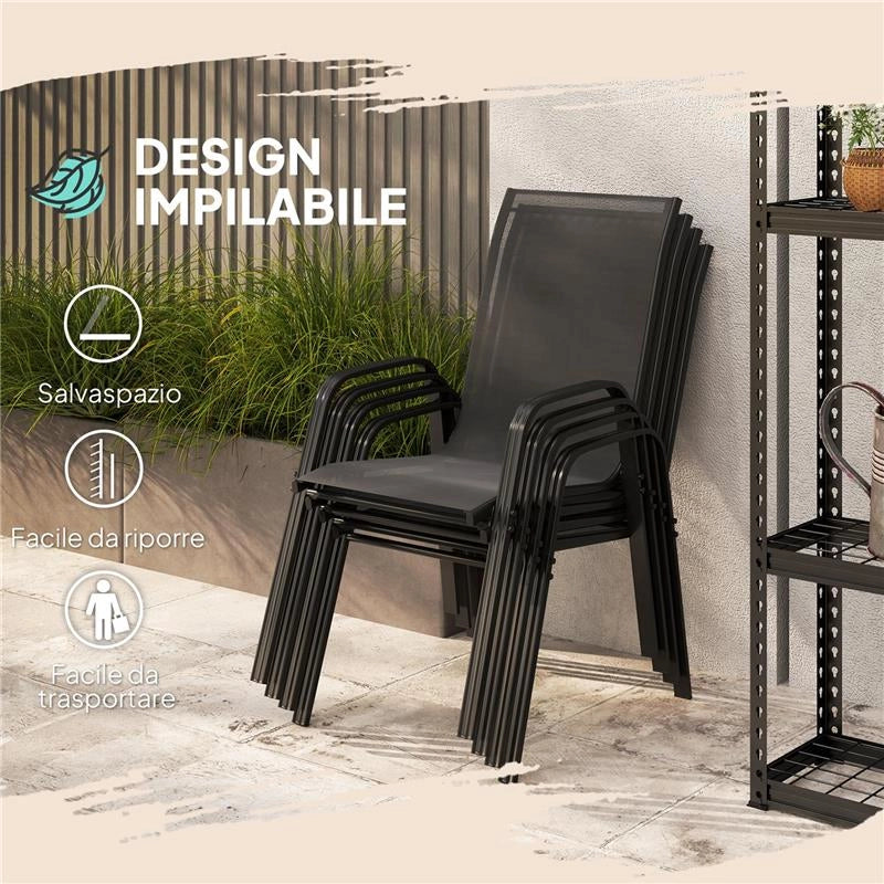 SET 4 SEDIE DA GIARDINO IMPILABILI E SALVASPAZIO CON BRACCIOLI IN METALLO E TESSUTO A RETE, NERO