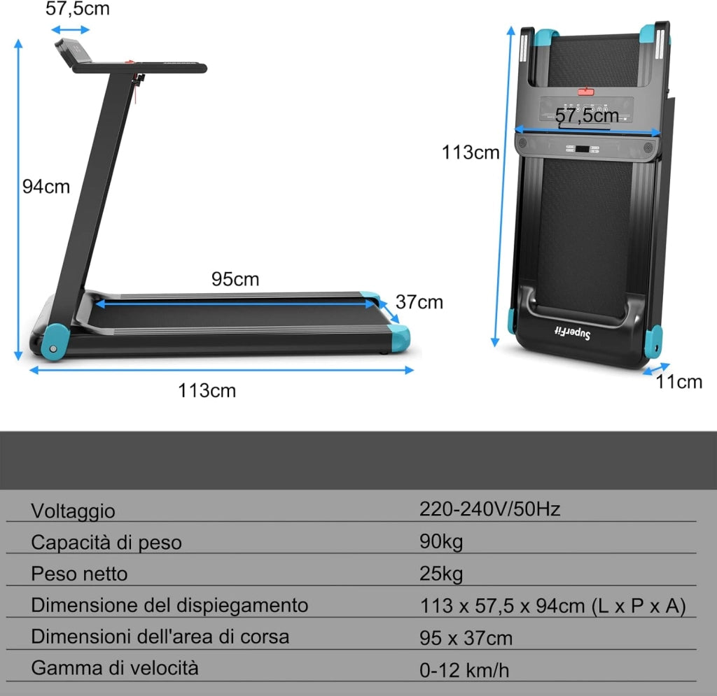 Tapis Roulant Pieghevole per Casa, con Controllo APP, 12 Programmi Preimpostati, Schermo LED e Porta Dispositivi, Velocità 0-12 km/h, Portata 90kg
