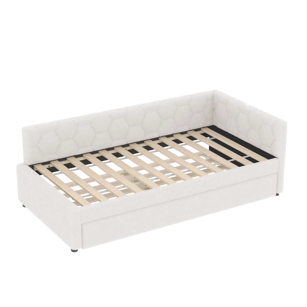 OKWISH Letto a Divano 90×200 cm, Letto Singolo con Letto Estraibile, USB, Tipo C e Lampada, senza Materasso, in Velluto, Bianco