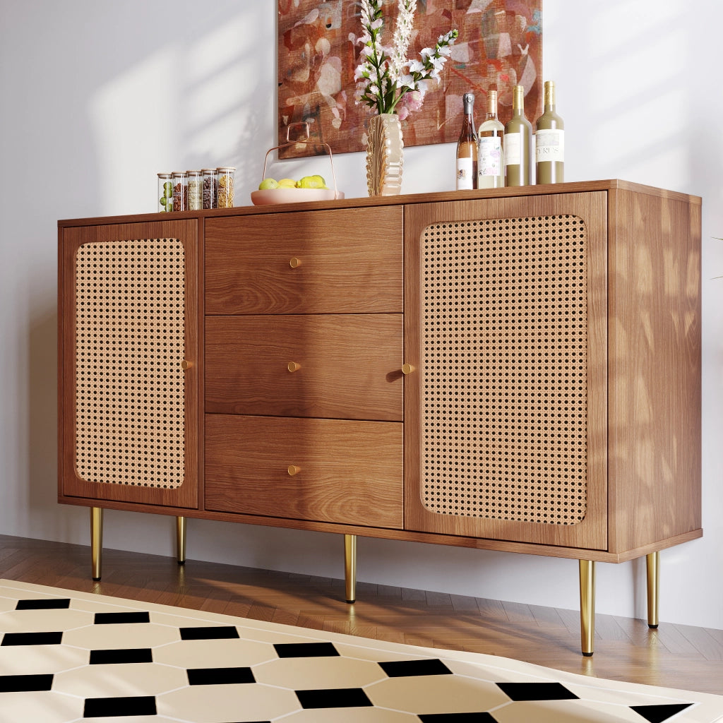 Cassettiera con 2 Ante e 3 Cassetti; Ripiano Regolabile; Stile Vintage; in Legno e Metallo; 150×40×90 cm; Noce