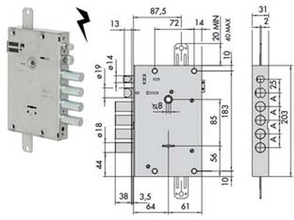 1pz elettroserratura triplice applicare doppia mappa porte blindate 17515 mm.64 cod:ferx.fer395229