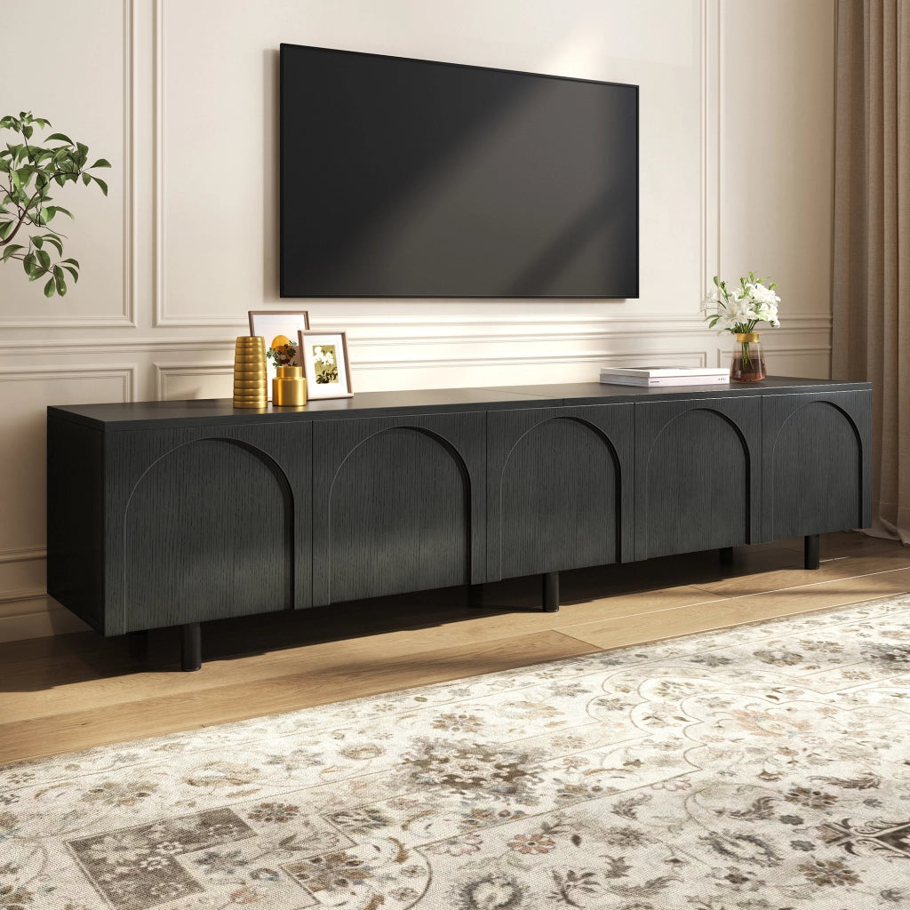 Mobile porta TV con 5 ante, fori passacavi e piedini in metallo, per soggiorno, in MDF e PB, nero, 180 × 38 × 45 cm