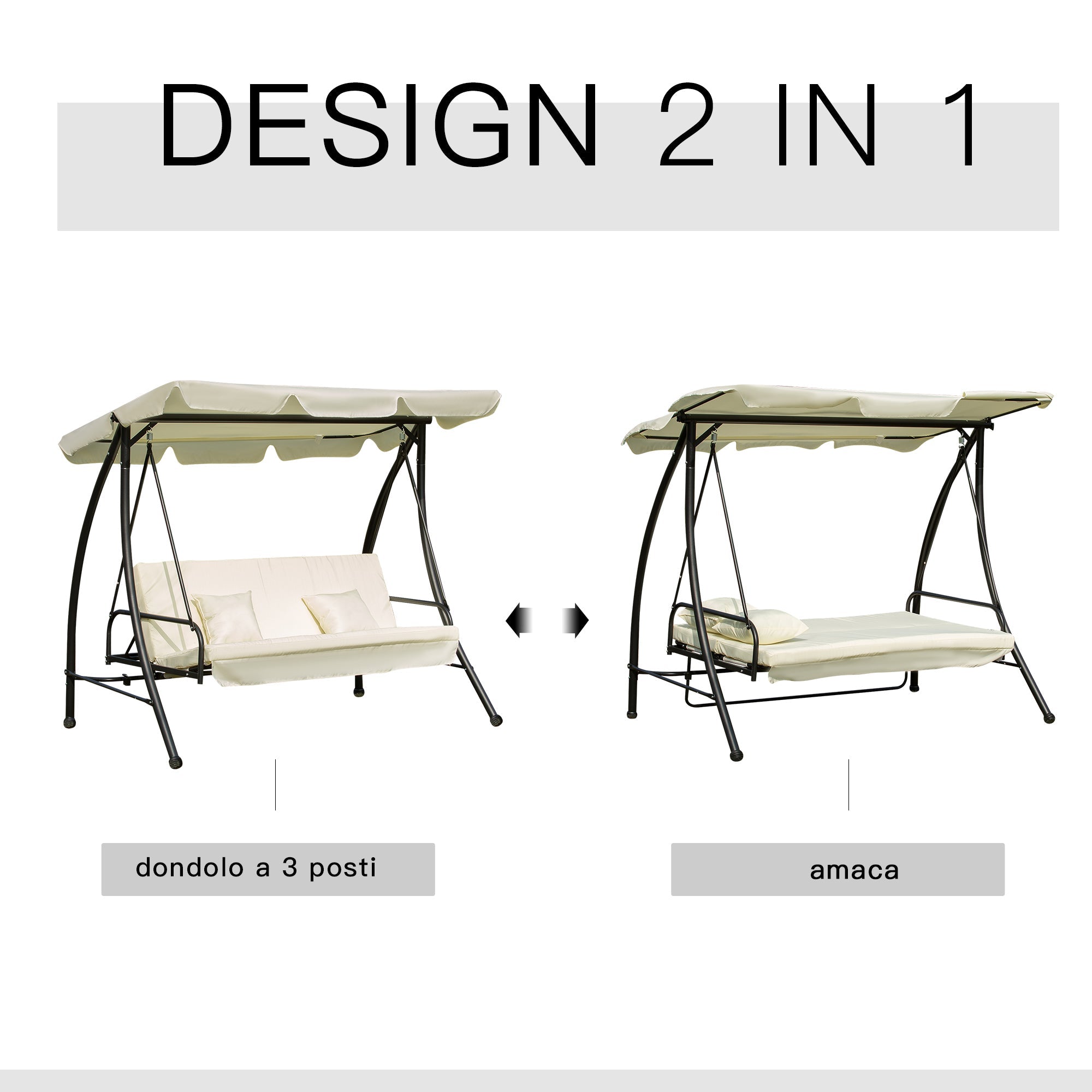 Dondolo da Giardino 3 Posti con Tettuccio Crema 200x125x170 cm