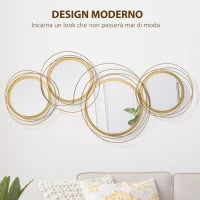 Decorazione Murale 3D in Metallo, Wall Art a Cerchi con Specchi 107x56cm, Oro