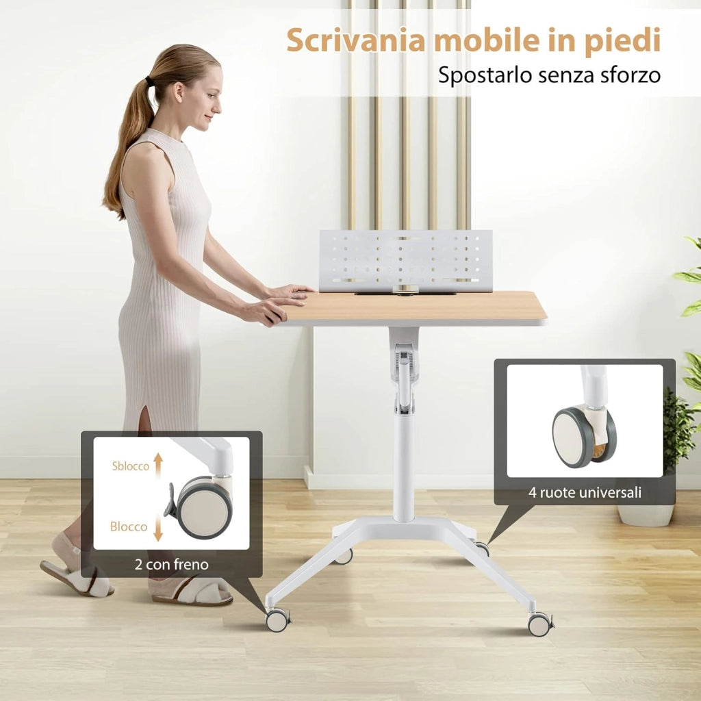 Scrivania Regolabile in Altezza, Tavolino da Letto e Divano con Supporto Rimovibile e sistema di sollevamento, Tavolino per Ospedale, Ufficio e Casa, Portata 45 kg