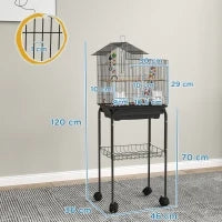 Gabbia per Uccelli con Piedistallo, Ruote Girevoli, Ripiano e Accessori, 46x36x120 cm, Nero