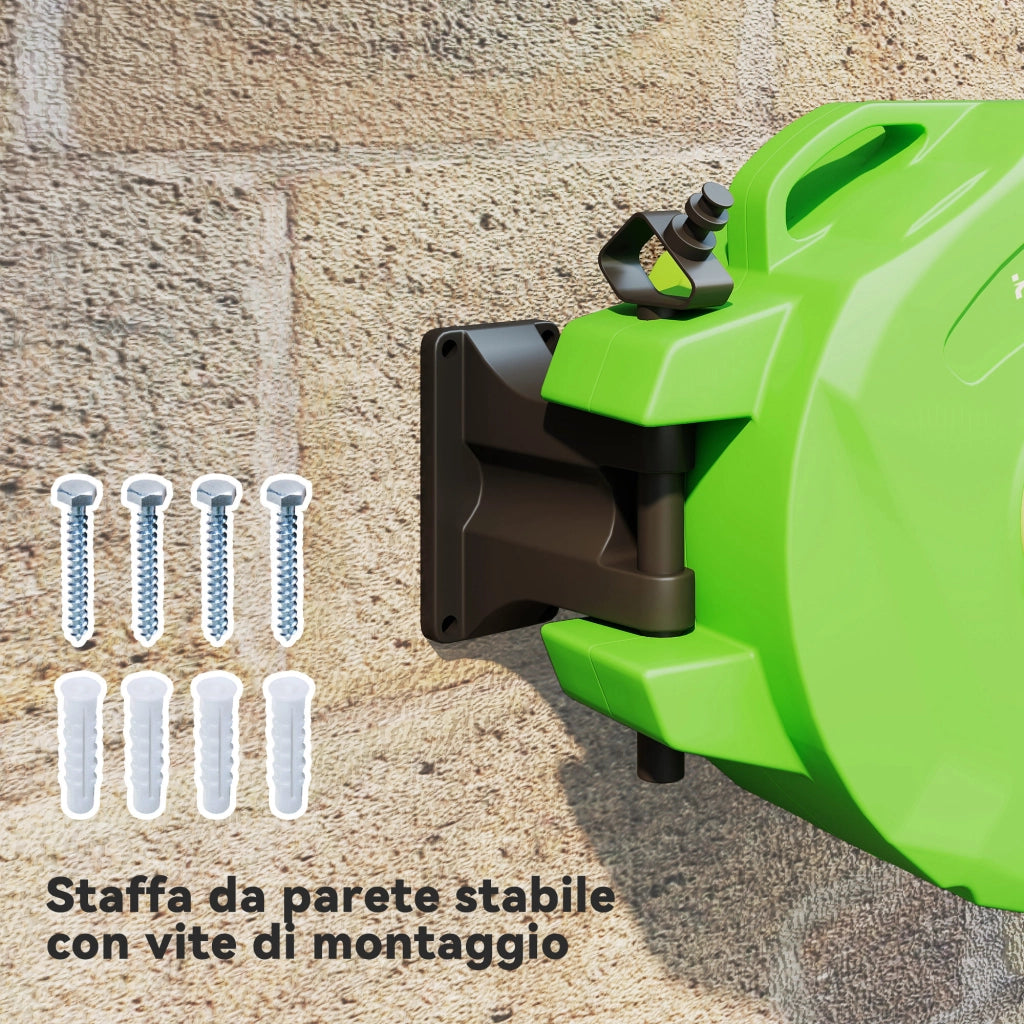 Avvolgitubo da Giardino Retrattile con Tubo dell'Acqua 15 m, Rullo Avvolgitubo da Parete Girevole a 180¡ã, Avvolgitubo Automatico Tubo da Giardino per Irrigazione in plastica, Verde