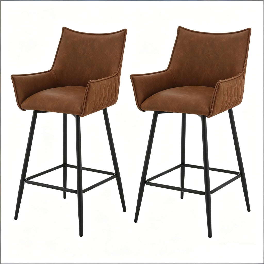 Sgabello da bar Set da 2 con Schienale Ergonomico Braccioli Curvi e Piedini Regolabili in PU e Metallo Marrone