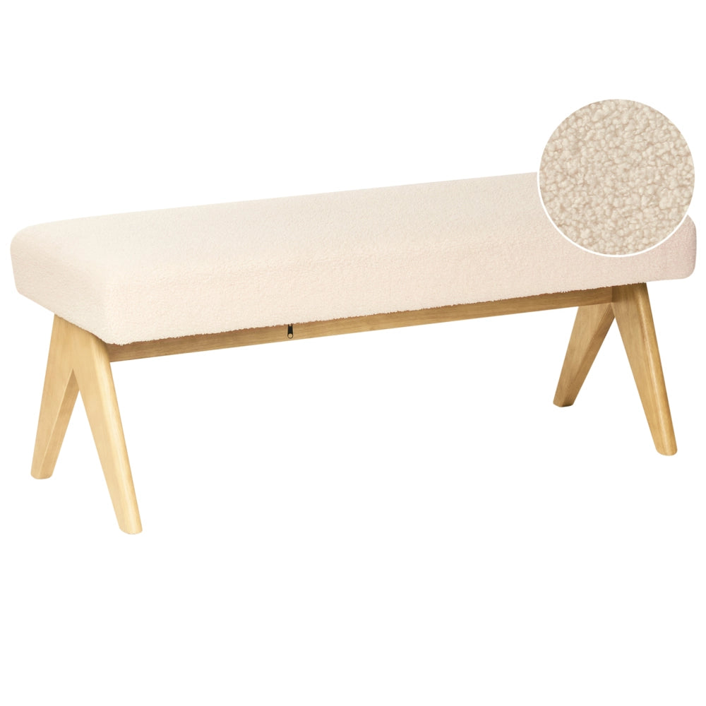 Panca Boucle bianco sporco e marrone chiaro con gambe in legno imbottite Panca per corridoio e panca da letto