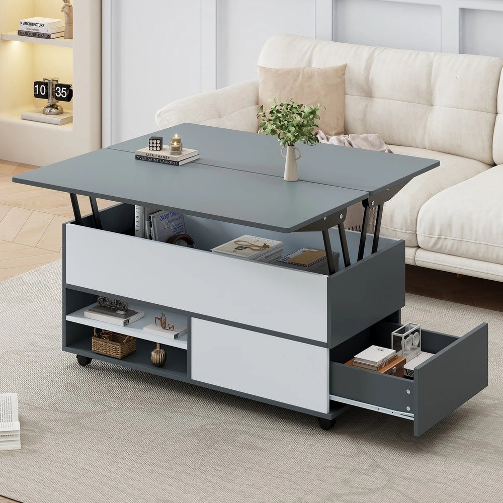 Tavolino da Caff¨¨ Multifunzionale ¨C MINIMAL ¨C Grigio/Bianco, con Cassetti e Ripiano, 100x98x65