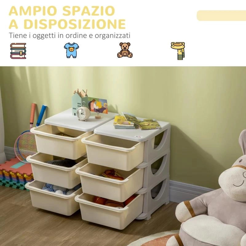 CASSETTIERA 6 CASSETTI PER BAMBINI 3-6 ANNI CON BORDI ARROTONDATI, IN PP BIANCO CREMA, 75X37X56.5 CM