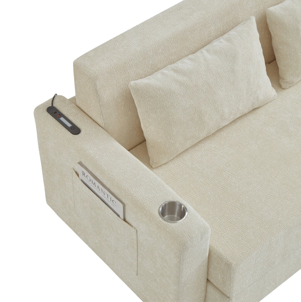 Divano letto 2 posti 153x77x65 cm beige in ciniglia con USB e 2 cuscini