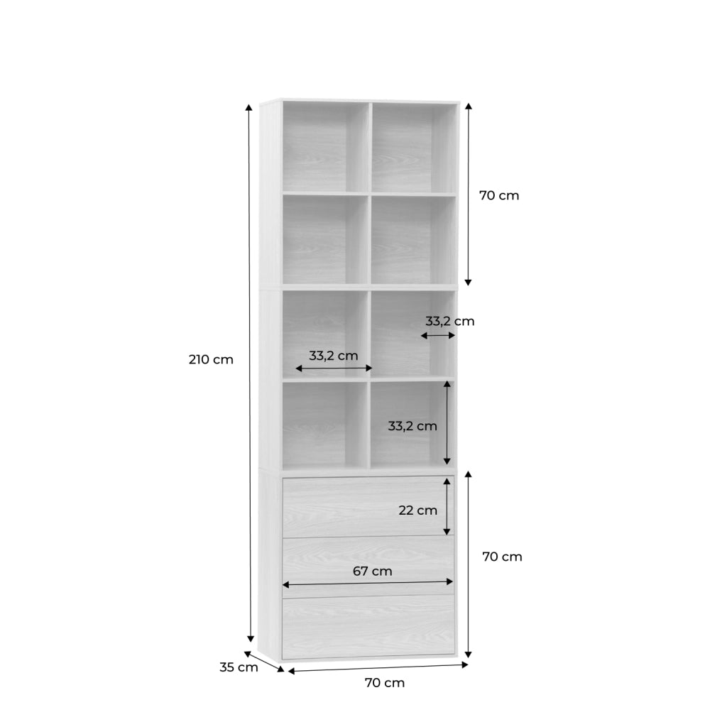 Libreria modulare in legno, 3 cassetti 8 vani, bianco