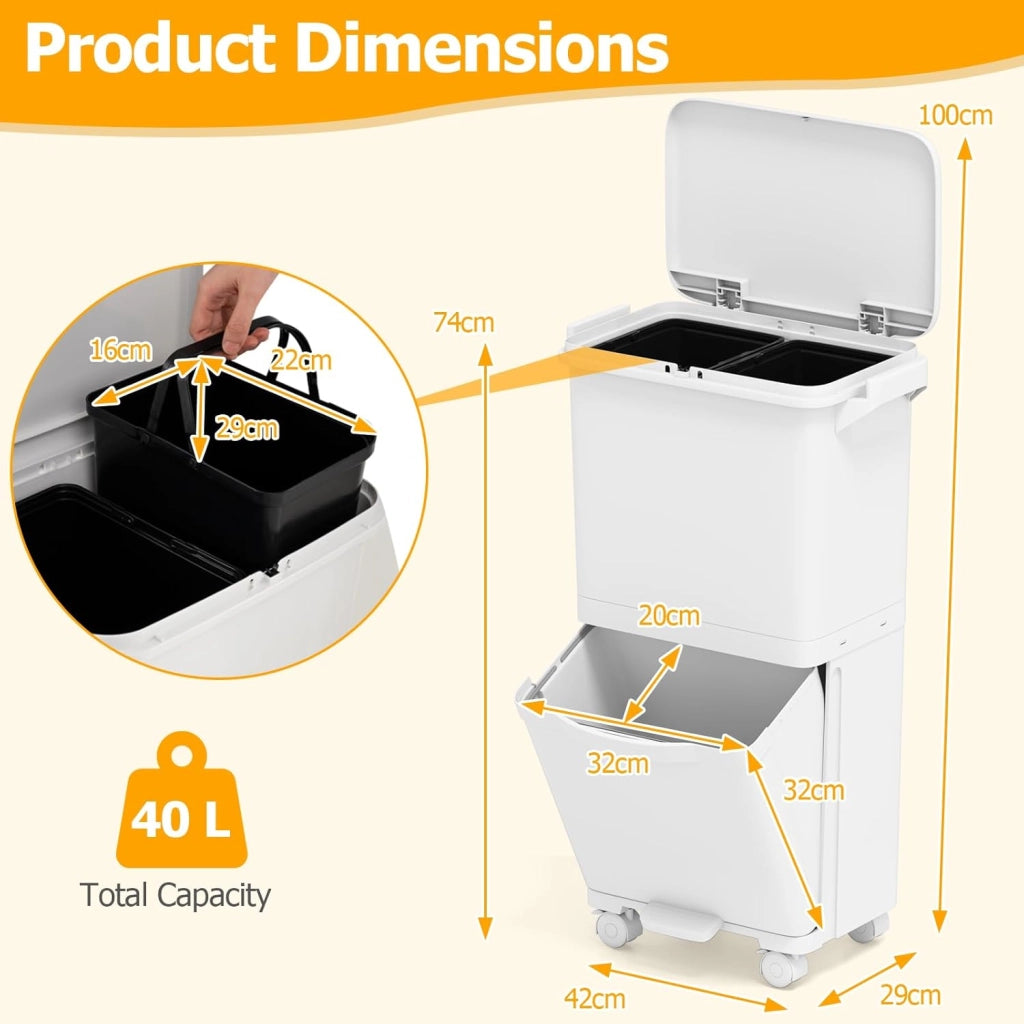 Bidone della Spazzatura da Cucina 36L, Doppio Strato con 3 Secchi Rimovibili, Etichette per Classificazione, Contenitore con Ruote per Raccolta Differenziata(36 L)