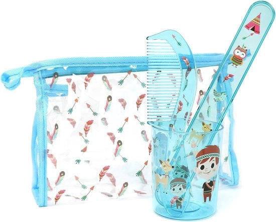 Set di igiene orale per bambini - beaker per spazzola da denti, contenitore per spazzola da denti, pettine e tasca con chiusura a raccordo con tema indiano - borsa igienica con accessori (04 pezzi - blu)