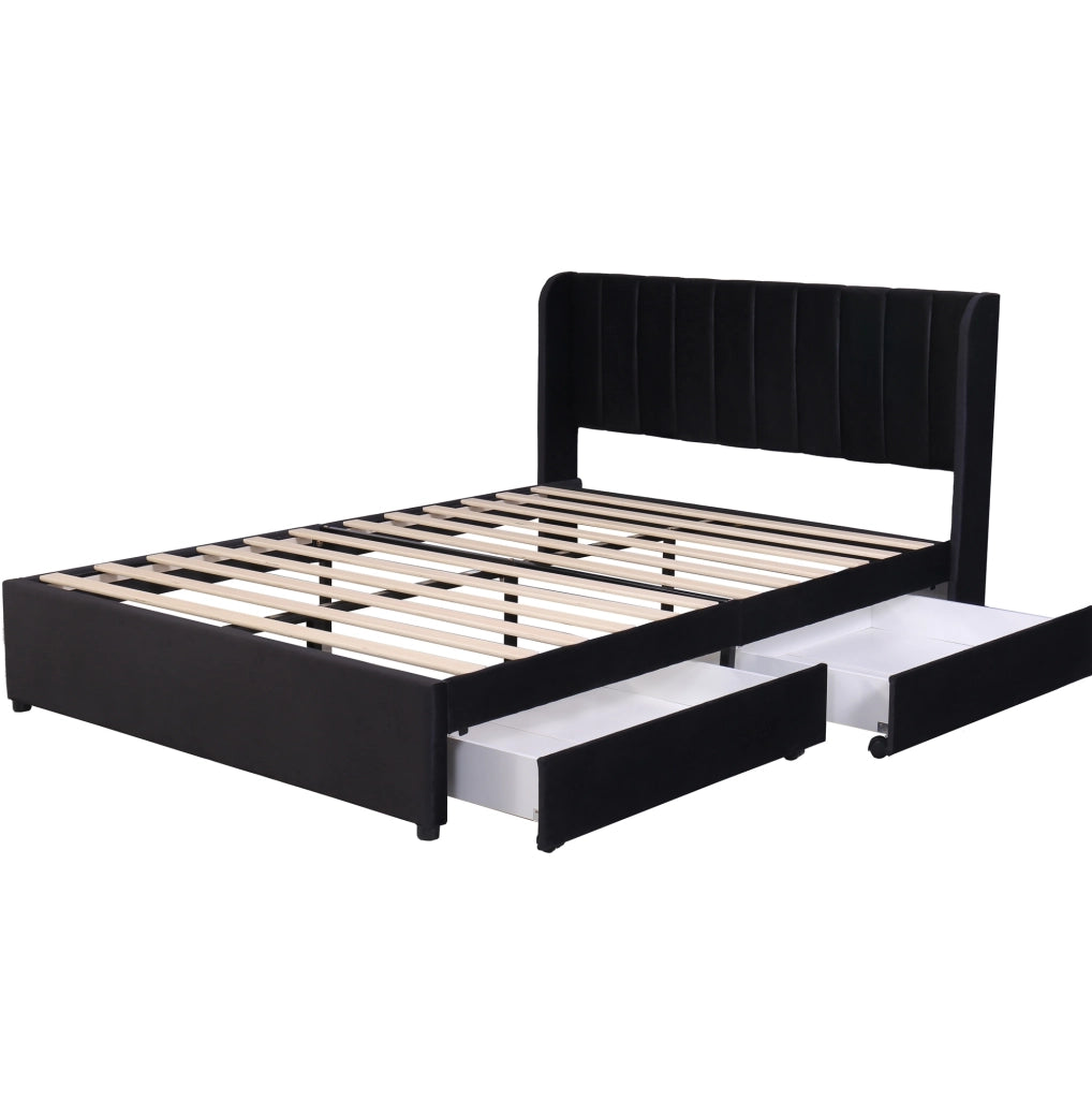 Letto in velluto 140 x 200 cm con testiera; rete a doghe e 2 cassetti; nero