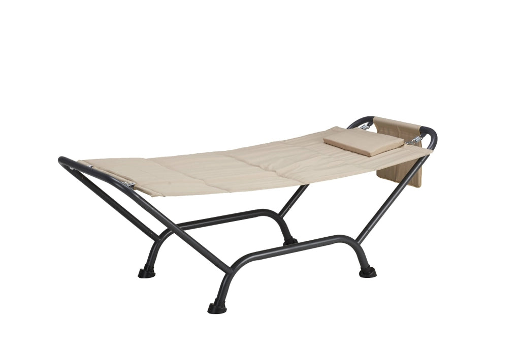 Amaca con supporto in acciaio antracite 98x230cm, telo beige, cuscino, porta riviste Fredi