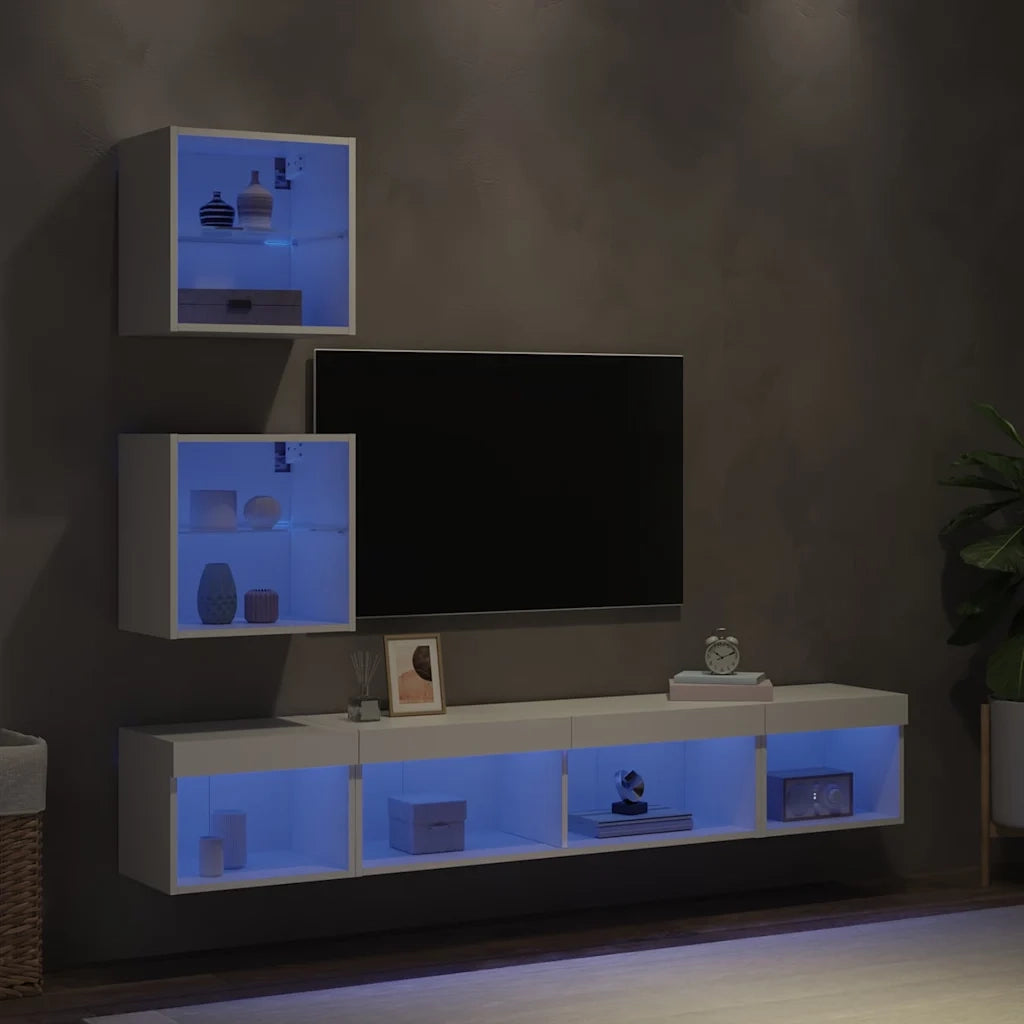 Mobili TV a Muro con LED 5pz | Armadietto TV | Mobile Porta TV Bianchi in Legno Multistrato