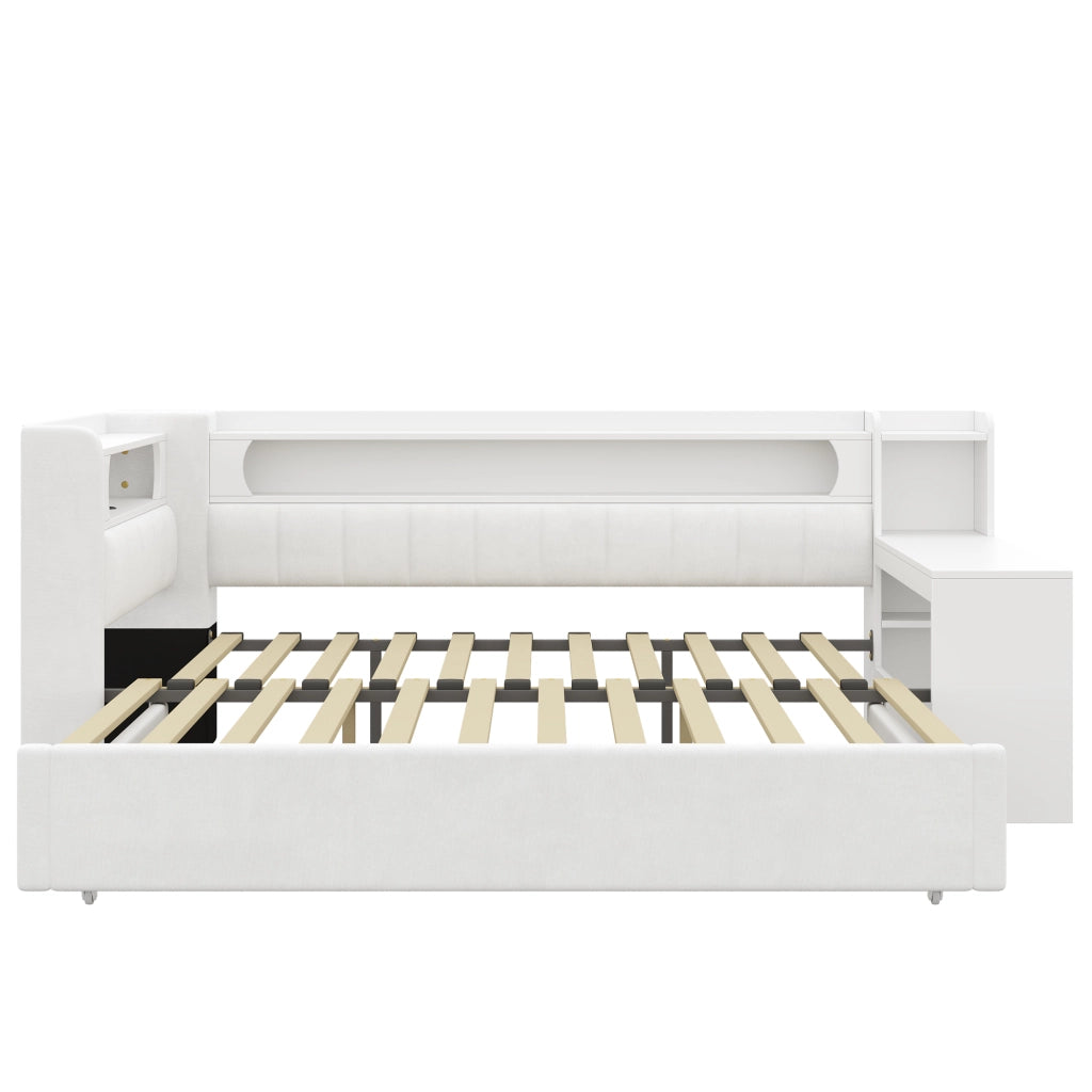 Letto estraibile da 90x200 a 180x200 cm; imbottito bianco con scrivania integrata; USB e LED