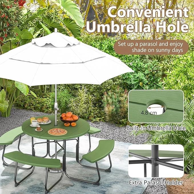 Set da giardino da picnic per 8 persone, tavolo da giardino rotondo con 4 panche, tavolo da birra con foro per ombrellone, set da giardino in HDPE, set per panca da birra (verde)
