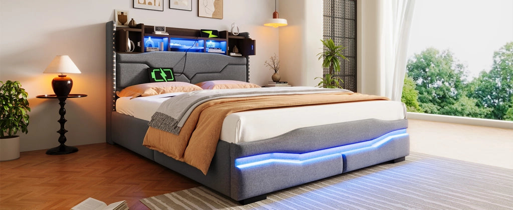 DESMIU Letto contenitore 140 × 200 cm 2 posti con LED, USB, Type-C e vano idraulico, senza materasso, grigio