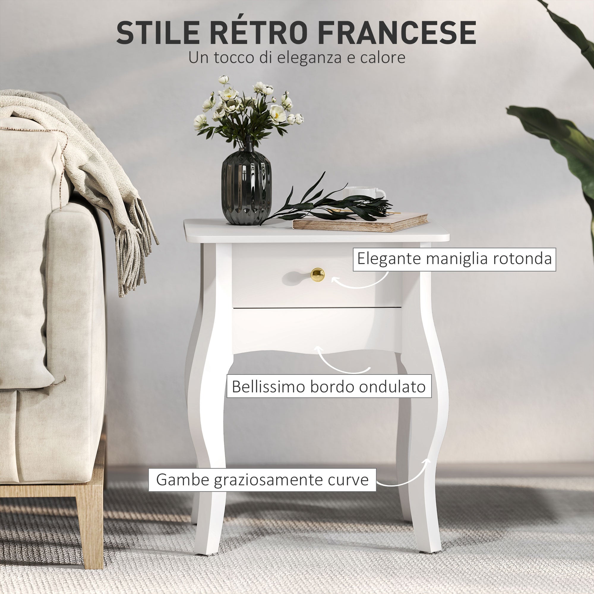 Tavolino da Salotto in Stile Francese 45x35x55 cm in MDF Bianco