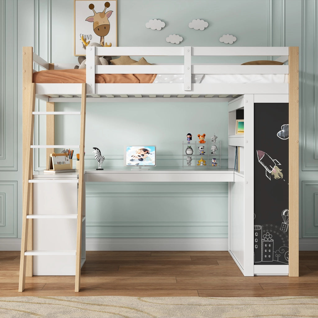 Letto a Soppalco per Bambini con Scrivania, Cassetto, Libreria e Lavagna ¨C MINIMAL ¨C Bianco/Legno 90x200