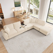 Divano angolare modulare 6 posti con pouf contenitore console mobile e porte usb type c in tessuto beige