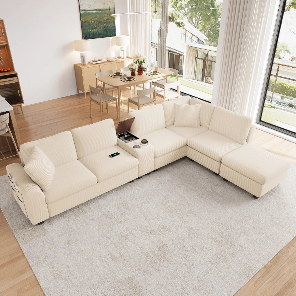 Divano angolare modulare 6 posti con pouf contenitore console mobile e porte usb type c in tessuto beige