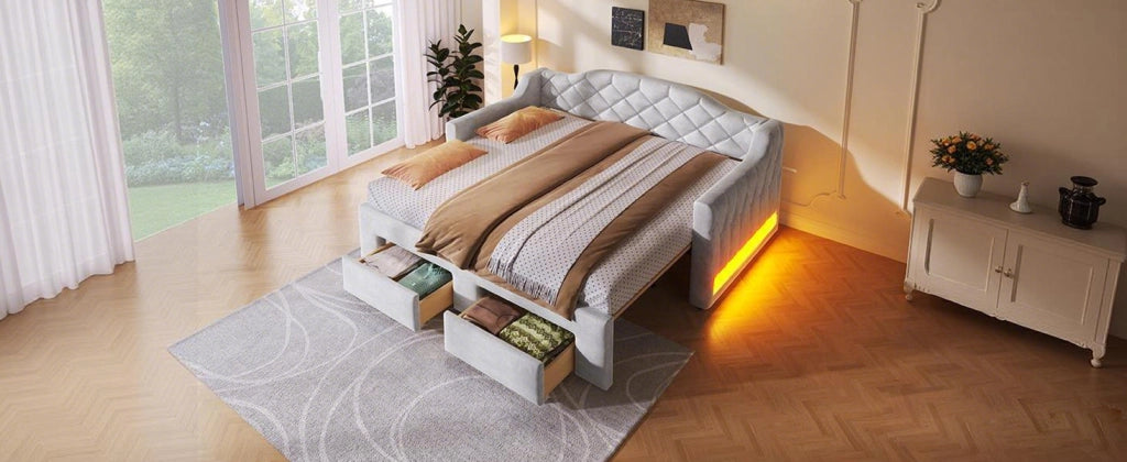 Daybed imbottito con 2 cassetti e LED, 90x200/180x200 cm, bianco