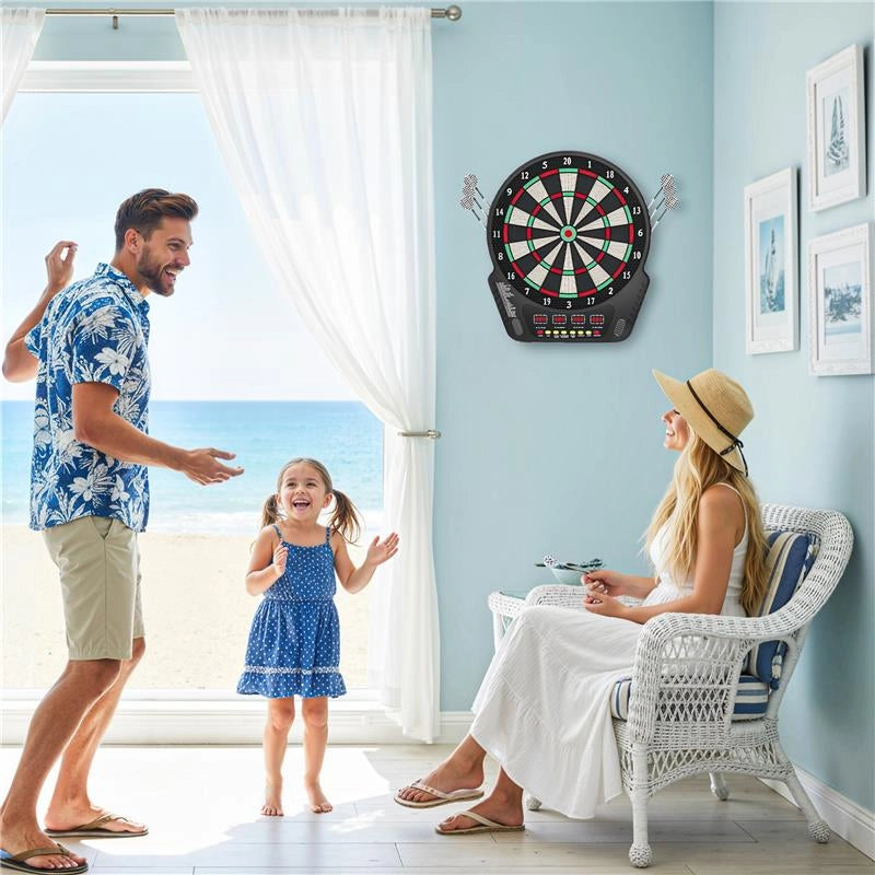 BERSAGLIO FRECCETTE CON 6 FRECCETTE, ALIMENTATORE, 4 DISPLAY LED E 27 GIOCHI, IN ABS E PP, 44X51.5X3.2 CM, NERO