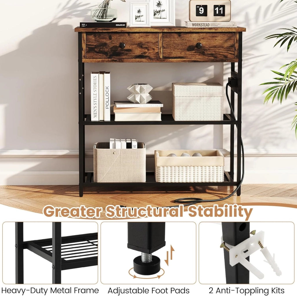 Tavolo da Tngresso con Stazione di Ricarica USB Type-C, Consolle Industriale con Cassetti e Ripiani, 81 x30 x 81 cm