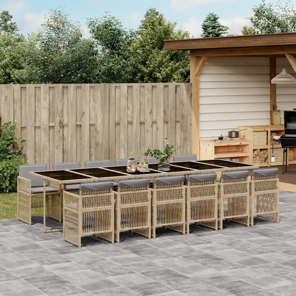 Set Pranzo da Giardino 13 pz con Cuscini Beige Misto Polyrattan