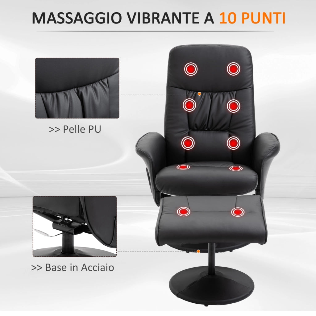 Poltrona Massaggiante con Pouf Poggiapiedi Reclinabile a 145° con Seduta Girevole e 10 Punti Massaggio Nero