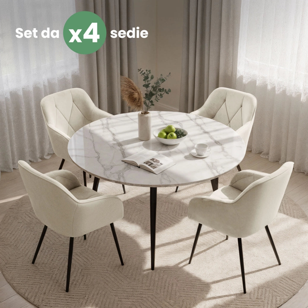 Set di 4 Sedie in velluto trapuntato DIAMANTE Crema gambe nere