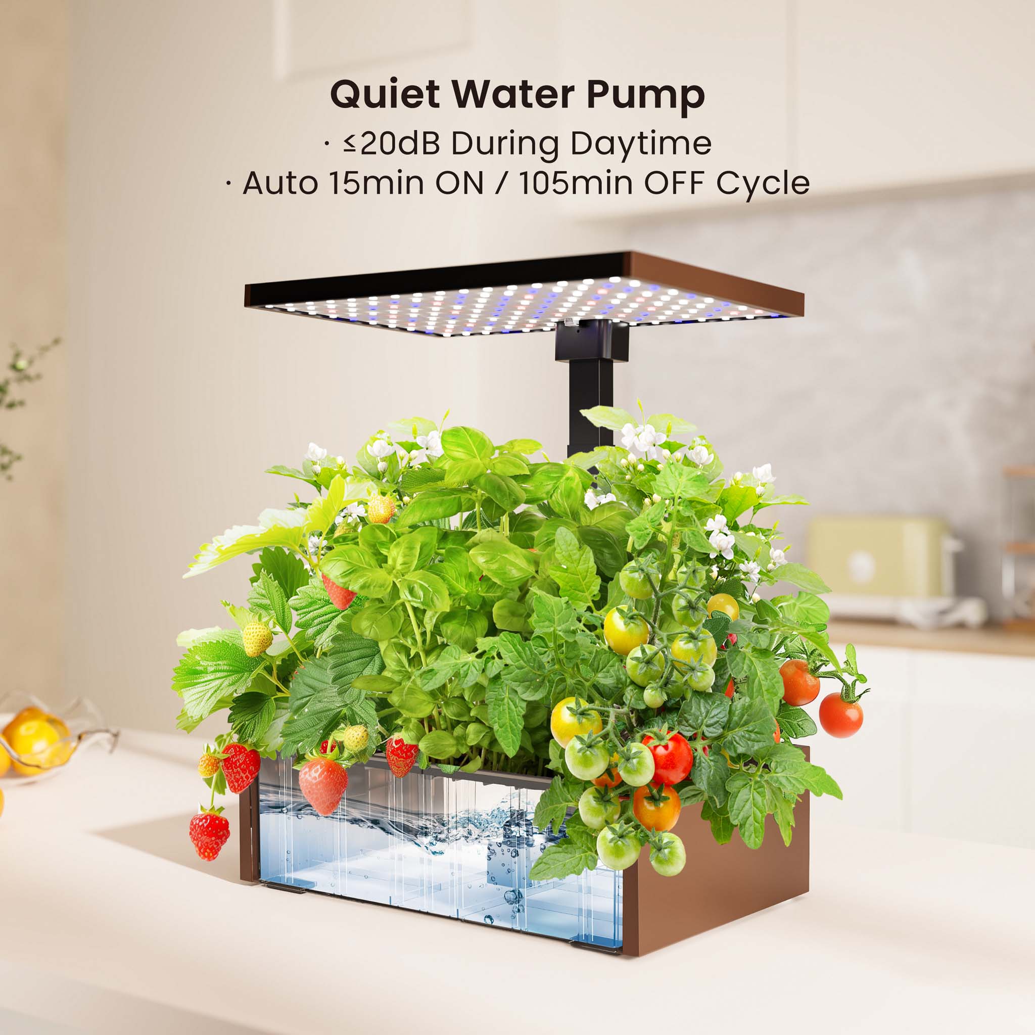 Serra idroponica, set per coltivazione idroponica in casa, con pannello di controllo e LED, serbatoio acqua 9,8 l, altezza regolabile, marrone