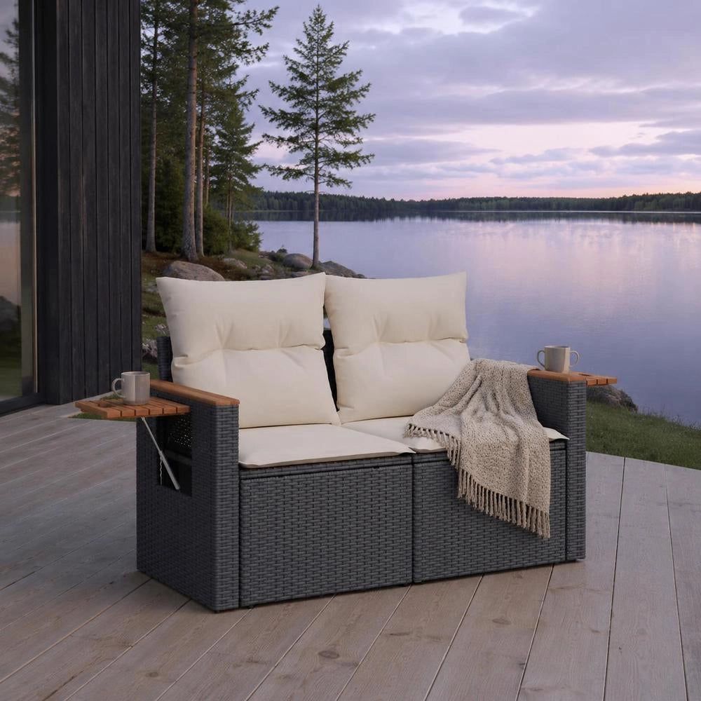 Garden Sofa With Cushions 2-seater Black Poly Rattan