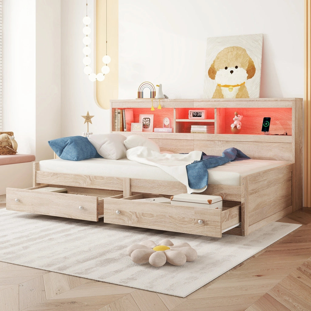 OKWISH Letto Banquette 90×200 cm, Letto Singolo con LED Regolabile, USB e 2 Cassetti, senza Materasso, in Pannelli, Naturale