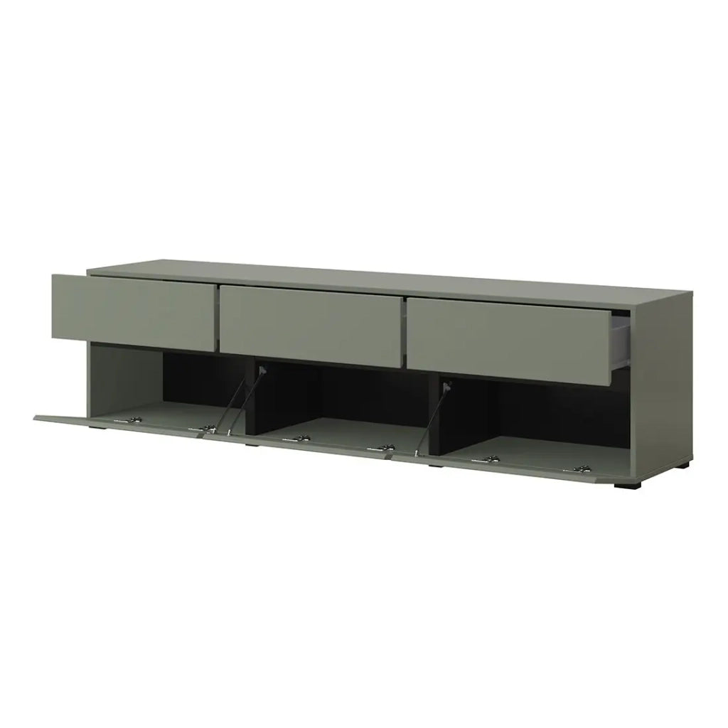 Mobile TV colore verde salvia 180cm collezione HAVANA. Mobile design con 3 porte e 3 cassetti.