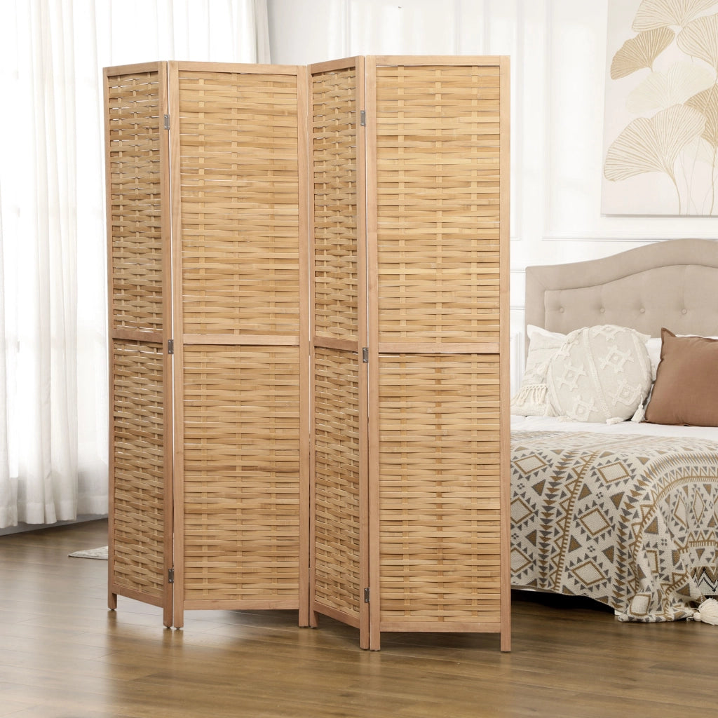 Paravento divisorio per interni a 4 pannelli in bambù e legno pieghevole 160 x 170 cm naturale chiaro