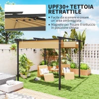 Gazebo Pergola 3x3 con Tetto Retrattile e Fori di Drenaggio in Poliestere e Acciaio, Beige e Nero