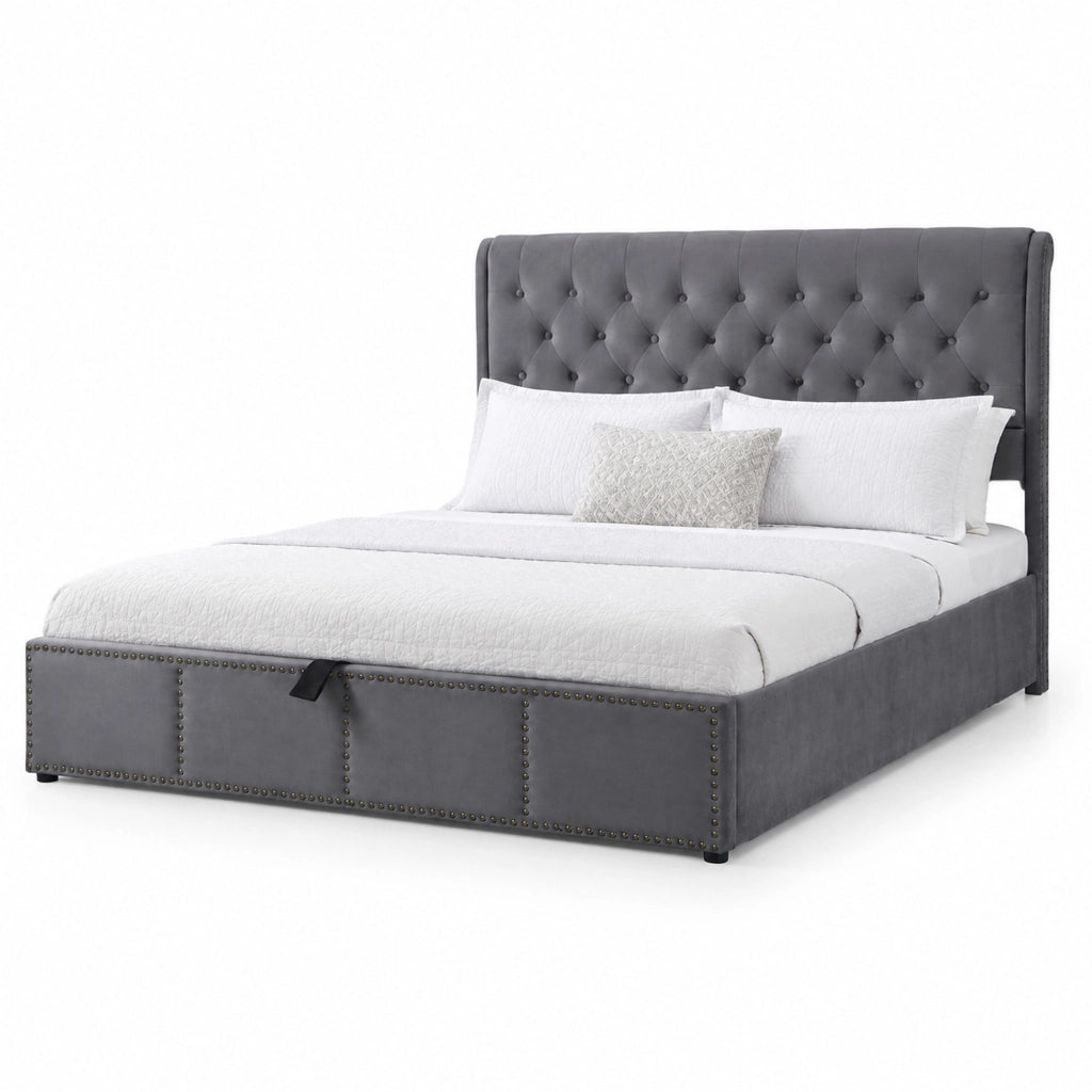 Letto imbottito 140x190 cm in velluto grigio con contenitore, rete a doghe, senza materasso