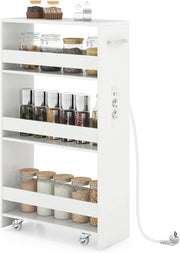 Carrello per Nicchia con Ruote, 4 Livelli，Carrello di Servizio Stretto Salvaspazio, da Bagno, Scaffale da Cucina Sottile 47,5 x 13 x 80,5 cm (Bianco+Bianco, Largo 20cm, con presa)