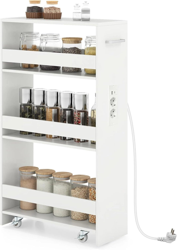 Carrello per Nicchia con Ruote, 4 Livelli，Carrello di Servizio Stretto Salvaspazio, da Bagno, Scaffale da Cucina Sottile 47,5 x 13 x 80,5 cm (Bianco+Bianco, Largo 20cm, con presa)