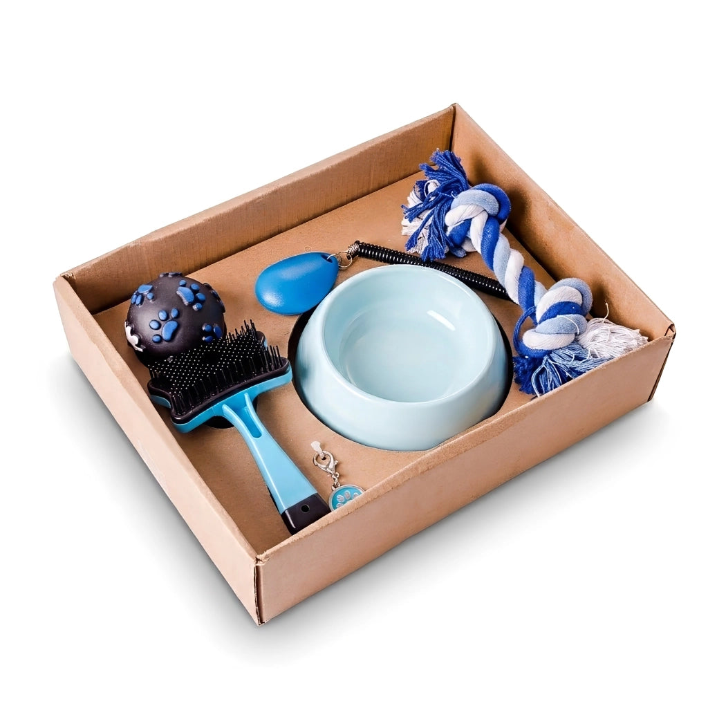Kit Accessori per Cani 5 Pezzi con Ciotola, Spazzola, Palla Gioco, Corda e Guinzaglio Retrattile, Set Regalo per Cuccioli e Cani di Piccola Taglia Blu
